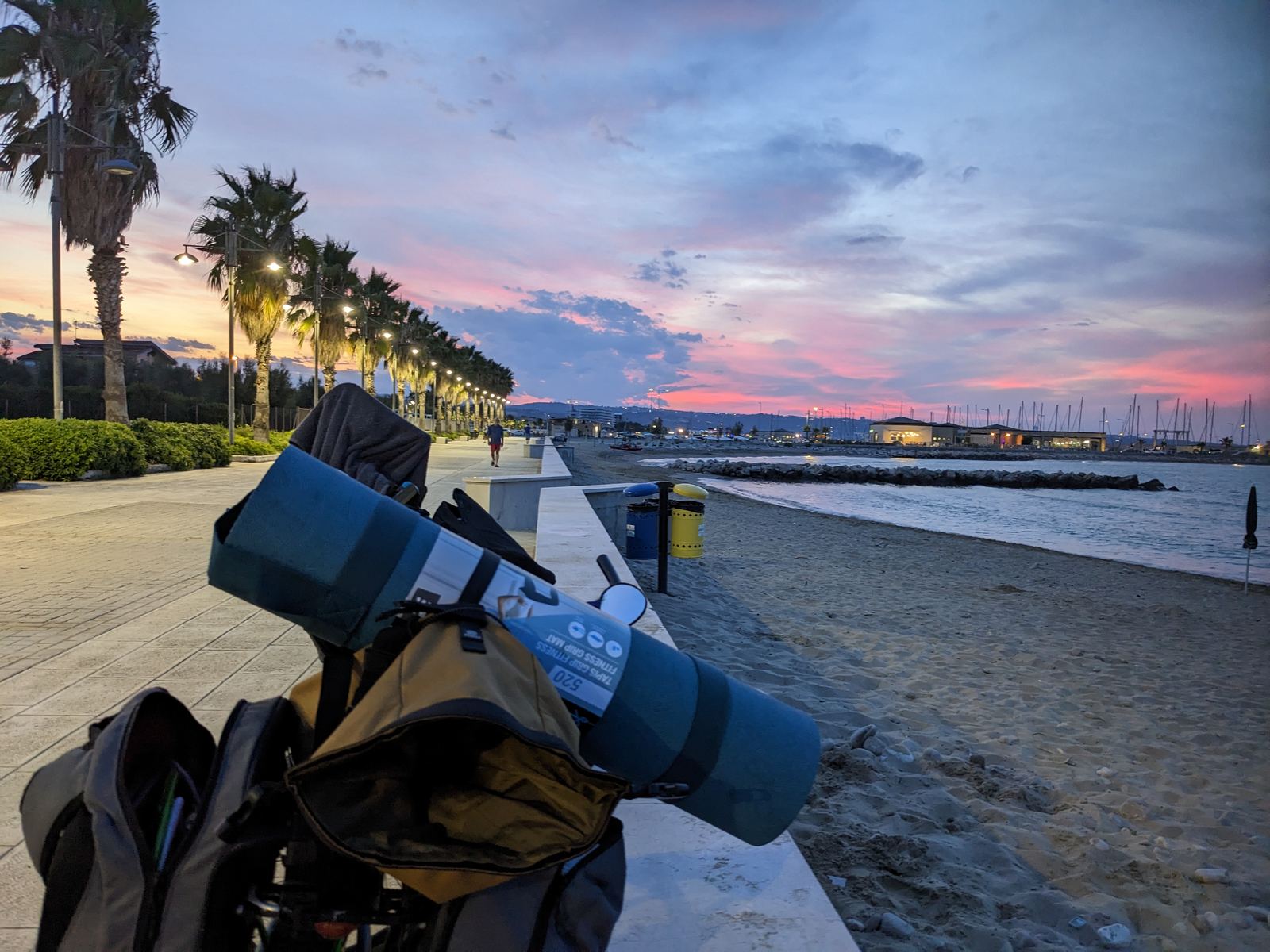 Close view of luggage strapped to a bike: yellow handlebar bag, sleeping mat across the rack, side panniers, with a palm-lined promenade behind