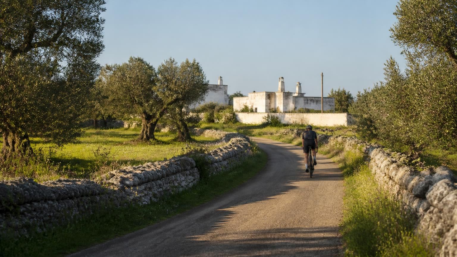 A cyclist on a narrow lane between dry stone walls and olive groves, a whitewashed masseria in the distance